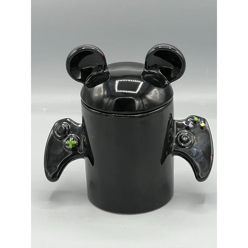 Gamer Mug with Mickey Ears Lid Black Ceramic Tankard "Level Cleared" Pen Holder